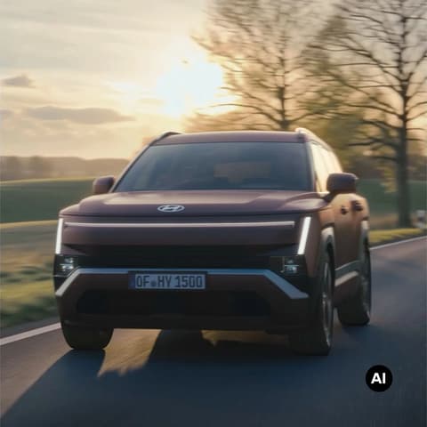 Hyundai TUCSON се движи по път на фона на залязващо слънце.