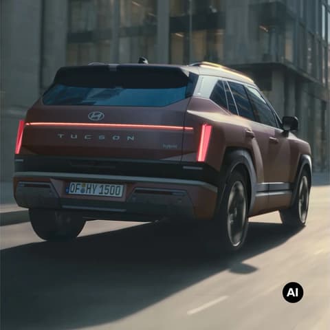 Hyundai TUCSON отзад, движещ се по градска улица.