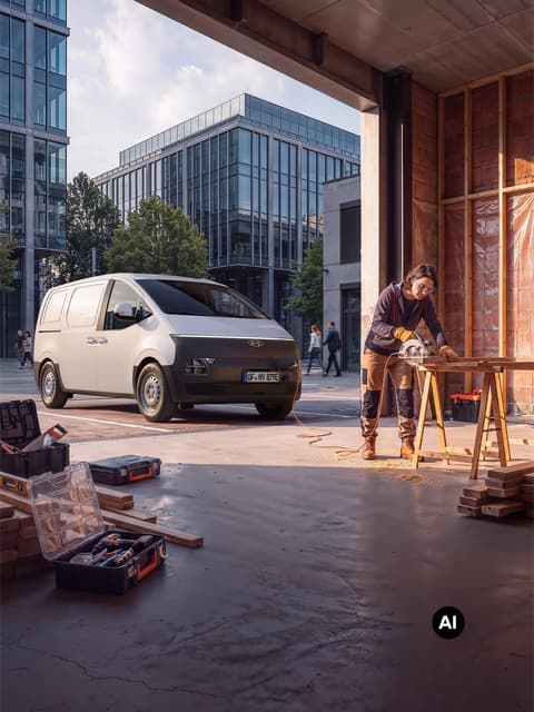 Hyundai STARIA Cargo до работилница, докато работник реже дърво на строителна площадка в града.