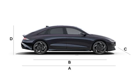 Изглед отстрани на Hyundai IONIQ 6 с обозначени размери.