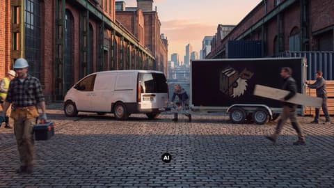 Hyundai STARIA Cargo тегли товарно ремарке по павирана улица в индустриална градска зона.
