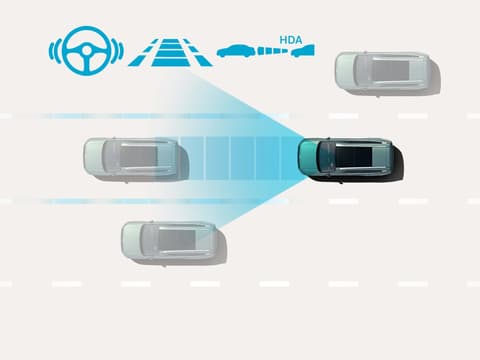 Highway Driving Assist: Hyundai IONIQ 9 поддържа безопасна дистанция и позиция в лентата на магистралата, като следи трафика и подпомага управлението на скоростта и волана.