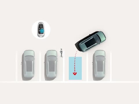 Дистанционно интелигентно паркиране 2: Hyundai IONIQ 9 паркира самостоятелно в маркирано място чрез дистанционно управление, докато пешеходец стои наблизо.