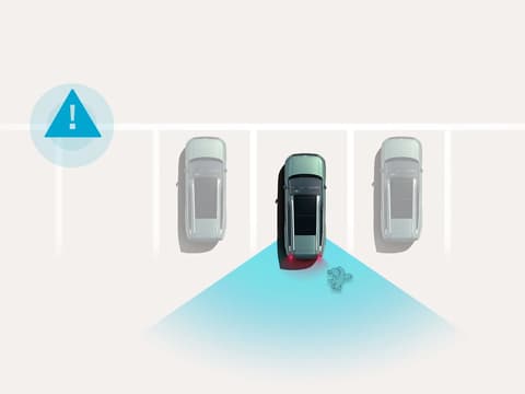 Reverse Parking Collision-Avoidance Assist: Изглед отгоре на Hyundai IONIQ 9, който паркира на заден ход, докато сензорите засичат препятствие зад автомобила.