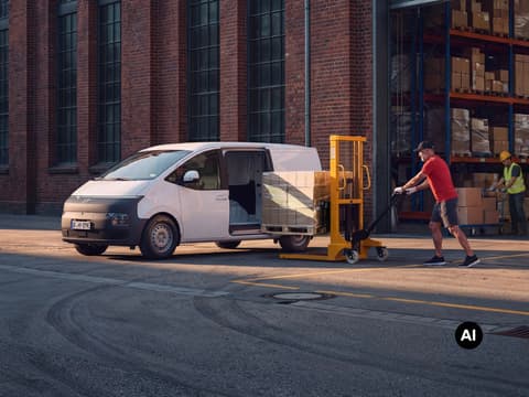 Товарене на палетизирани кашони в Hyundai STARIA Cargo пред склад.
