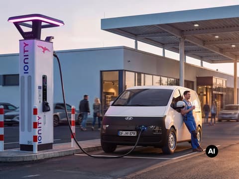 Работник до Hyundai STARIA Cargo, който се зарежда на станция IONITY.