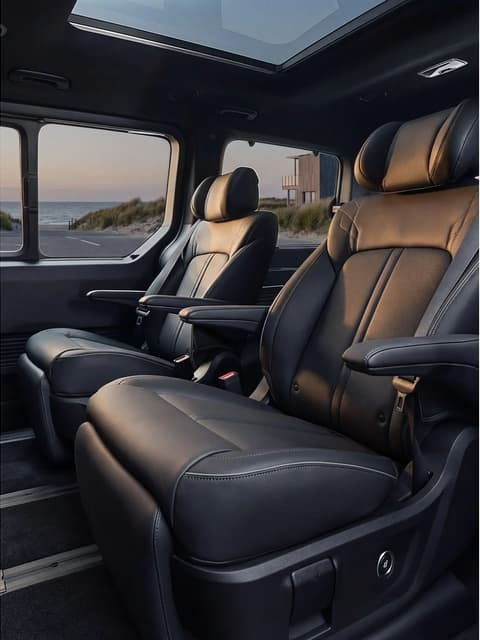 Втори ред кожени седалки на Hyundai STARIA Electric с подлакътници и панорамен изглед.