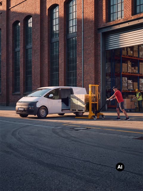 Товарене на палетизирани кашони в Hyundai STARIA Cargo пред склад.