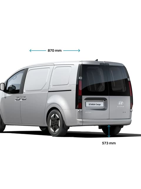 Hyundai STARIA Cargo в изглед три четвърти с размери Д × Ш × В.
