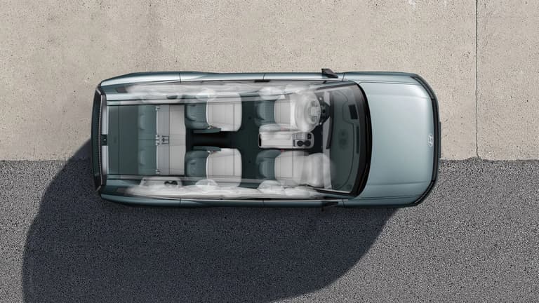Изглед отгоре на Hyundai IONIQ 9 с показани позиции на 10-те въздушни възглавници.