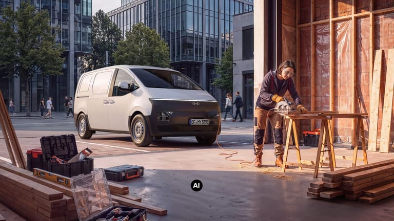 Hyundai STARIA Cargo до работилница, докато работник реже дърво на строителна площадка в града.