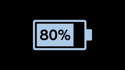 Икона на батерия с 80% заряд, илюстрирана в синьо върху черен фон.