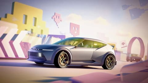 Hyundai Concept THREE на футуристична писта с цветни блокови структури и пикселна графика на заден план.