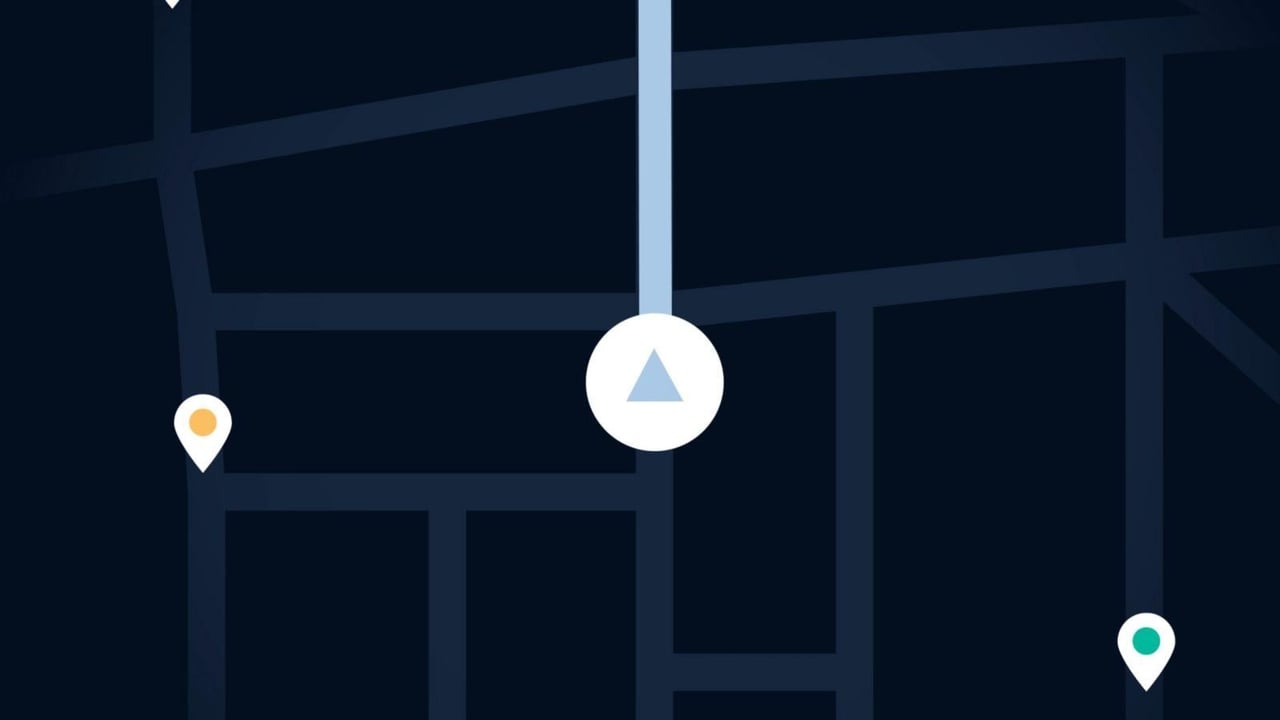 Dark map interface with a central navigation icon and three location markers in different colours.