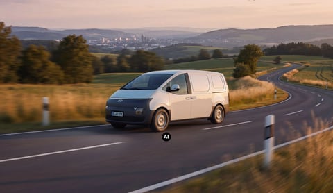 Hyundai STARIA Cargo отпред в движение по градски път.