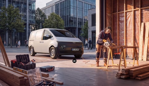 Hyundai STARIA Cargo до работилница, докато работник реже дърво на строителна площадка в града.
